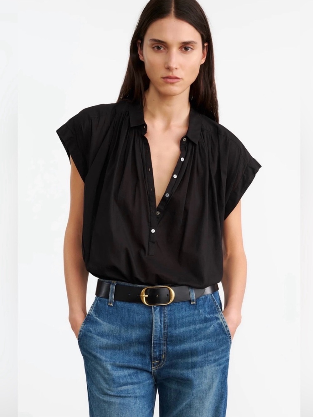 NILI LOTAN Normandy Shirt Tunic Top Cotton Black Oversized Short Sleeve S Small